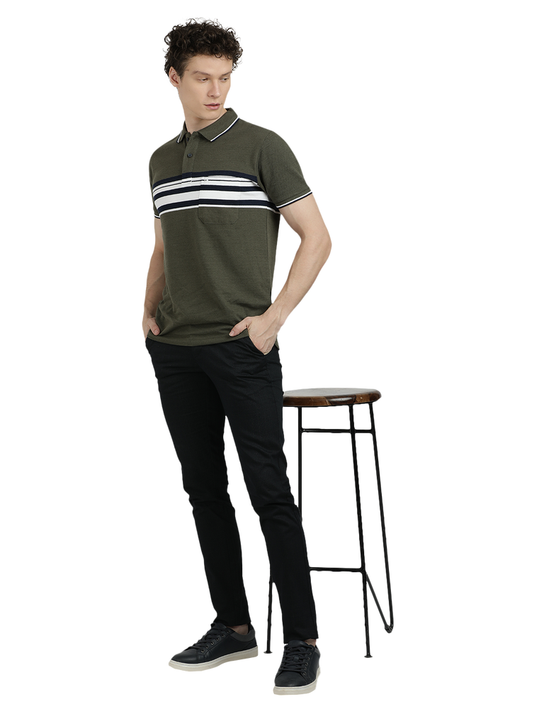 Model wearing Clarke Gable's Olive Green with White Striped Polo Collar T-Shirt in a casual setting