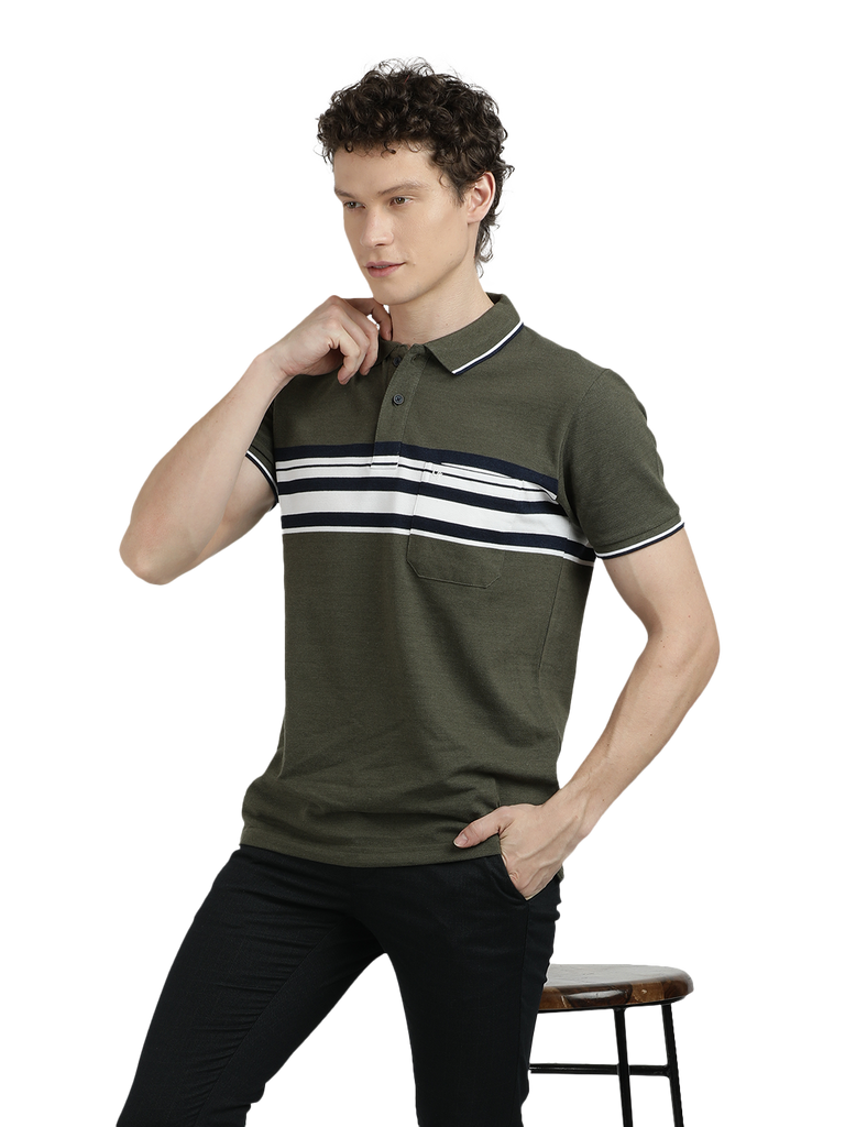 Model wearing Clarke Gable's Olive Green with White Striped Polo Collar T-Shirt in a casual setting