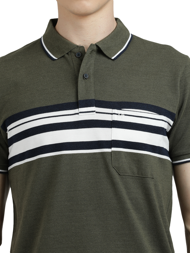 Model wearing Clarke Gable's Olive Green with White Striped Polo Collar T-Shirt in a casual setting
