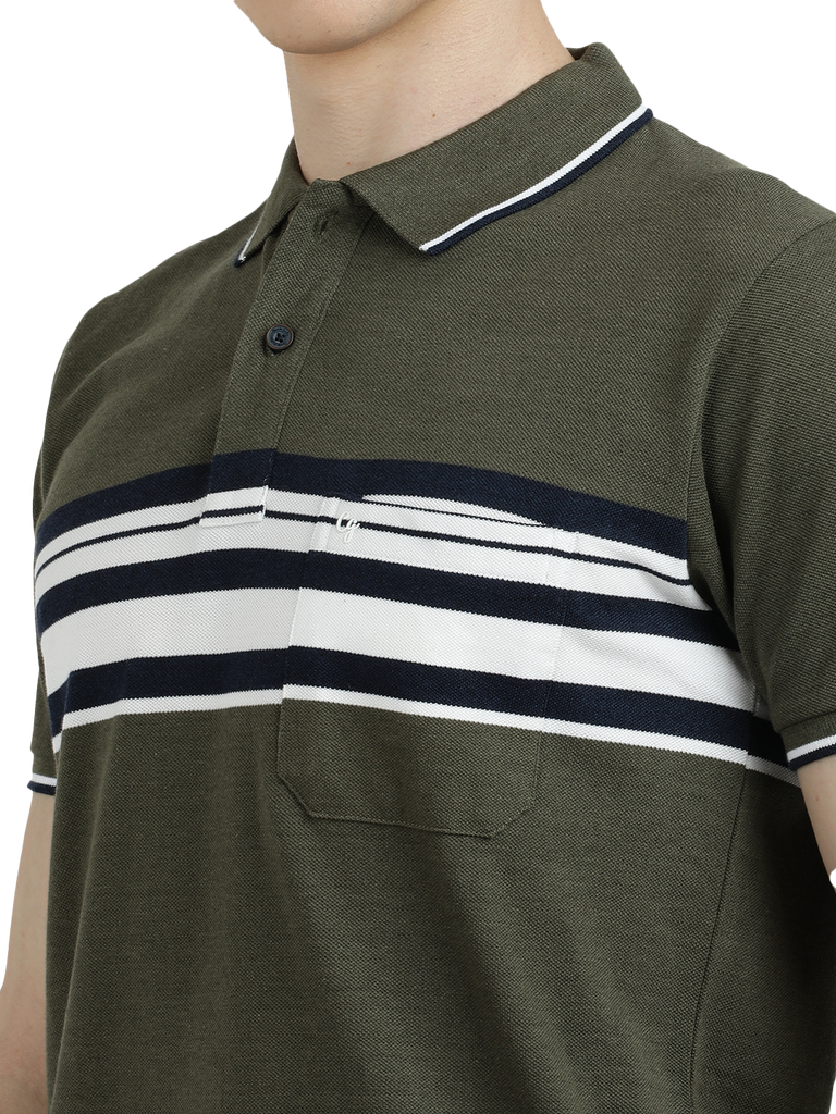 Model wearing Clarke Gable's Olive Green with White Striped Polo Collar T-Shirt in a casual setting