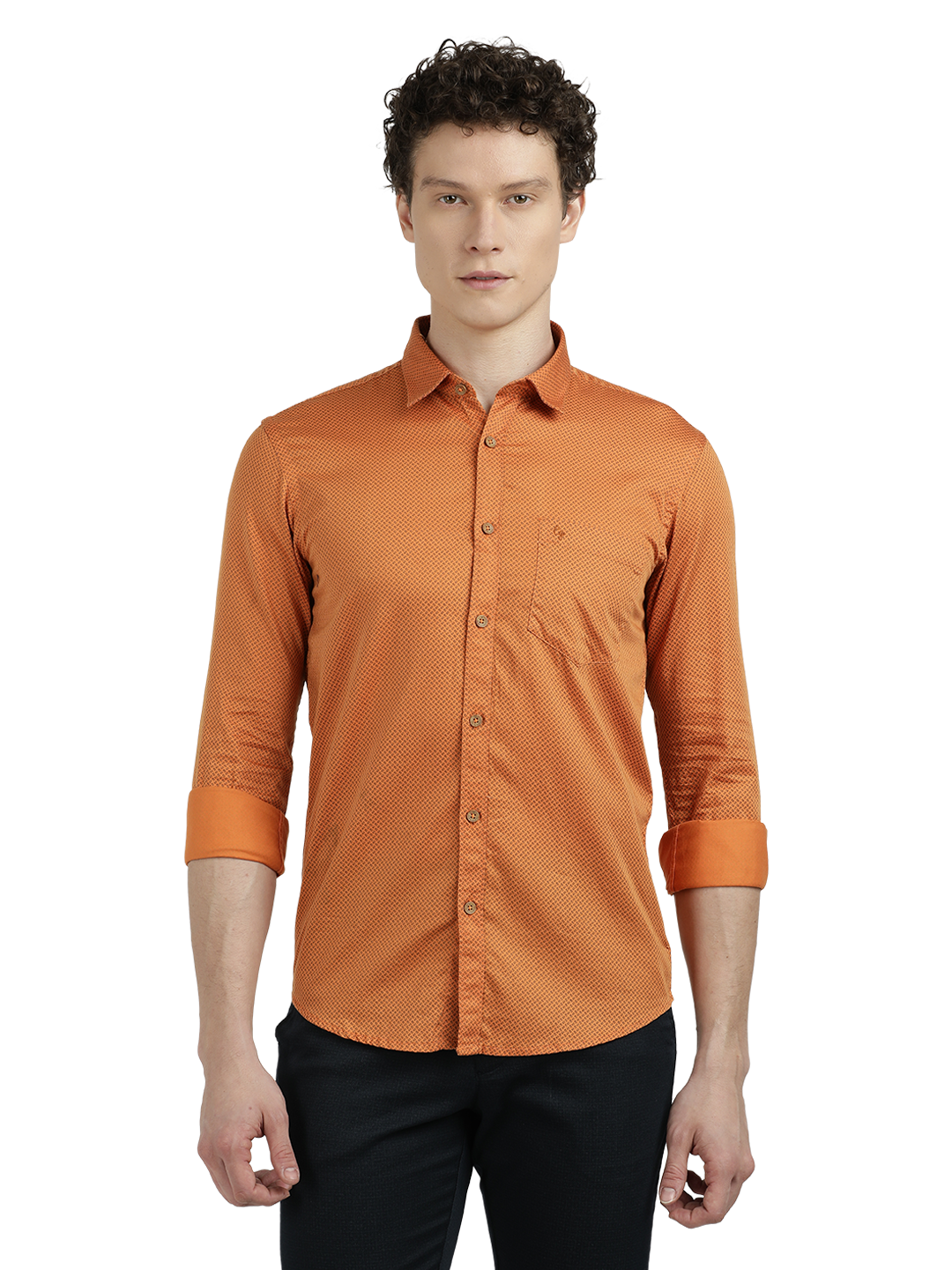 Model wearing Clarke Gable's Orange Printed Semi Casual Shirt in a casual setting
