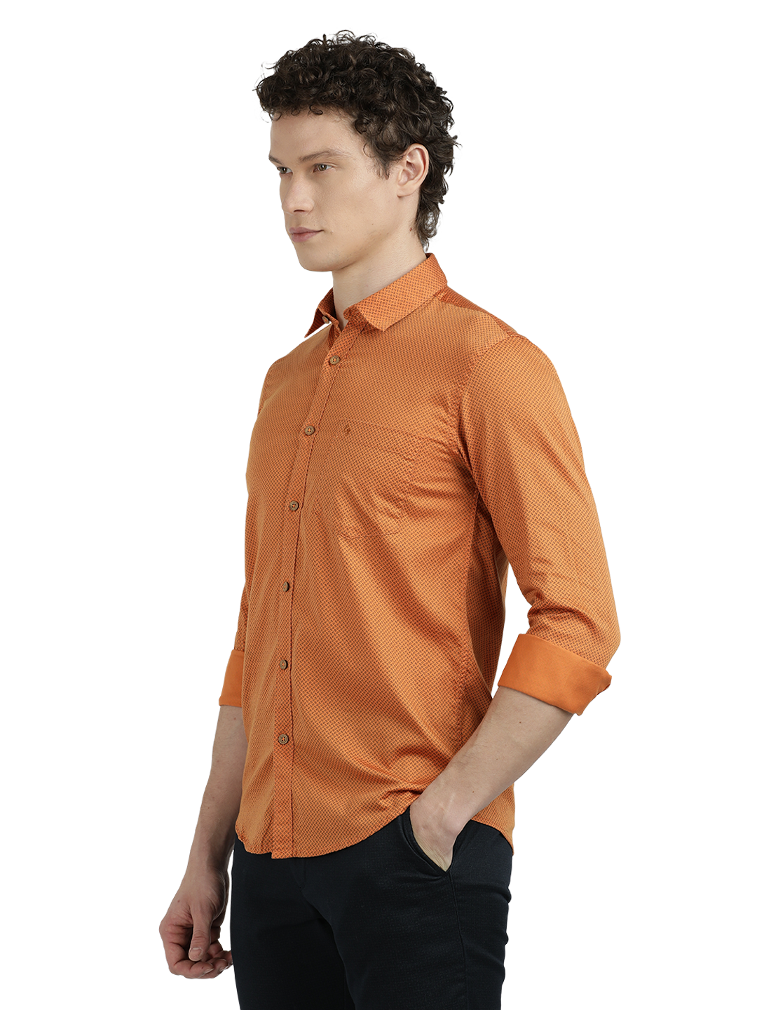 Model wearing Clarke Gable's Orange Printed Semi Casual Shirt in a casual setting