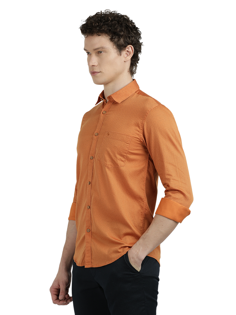 Model wearing Clarke Gable's Orange Printed Semi Casual Shirt in a casual setting