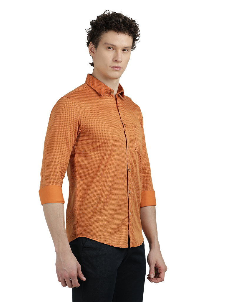 Model wearing Clarke Gable's Orange Printed Semi Casual Shirt in a casual setting