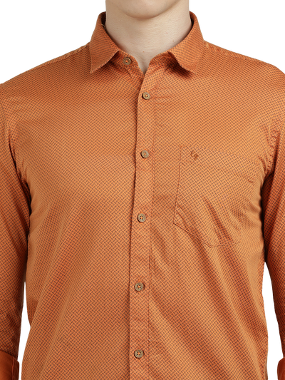 Model wearing Clarke Gable's Orange Printed Semi Casual Shirt in a casual setting