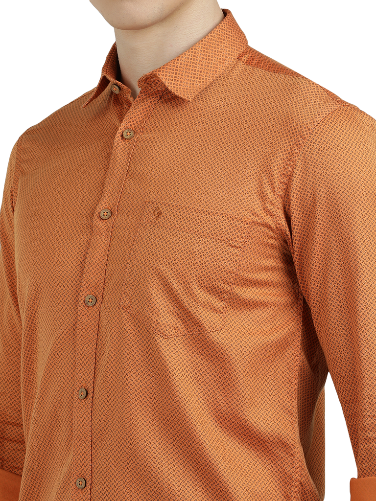 Model wearing Clarke Gable's Orange Printed Semi Casual Shirt in a casual setting