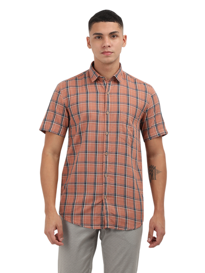 Model wearing Clarke Gable's Orange With Blue Checked Semi Casual Shirt in a casual setting