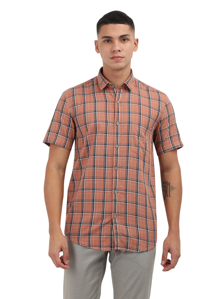 Model wearing Clarke Gable's Orange With Blue Checked Semi Casual Shirt in a casual setting