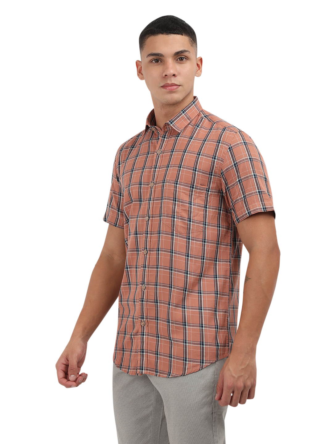 Model wearing Clarke Gable's Orange With Blue Checked Semi Casual Shirt in a casual setting