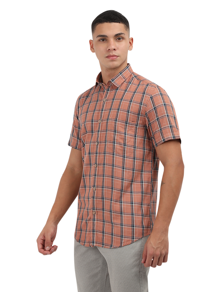 Model wearing Clarke Gable's Orange With Blue Checked Semi Casual Shirt in a casual setting