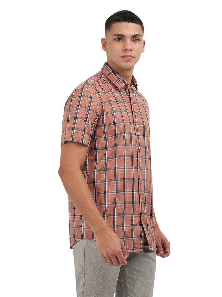 Model wearing Clarke Gable's Orange With Blue Checked Semi Casual Shirt in a casual setting