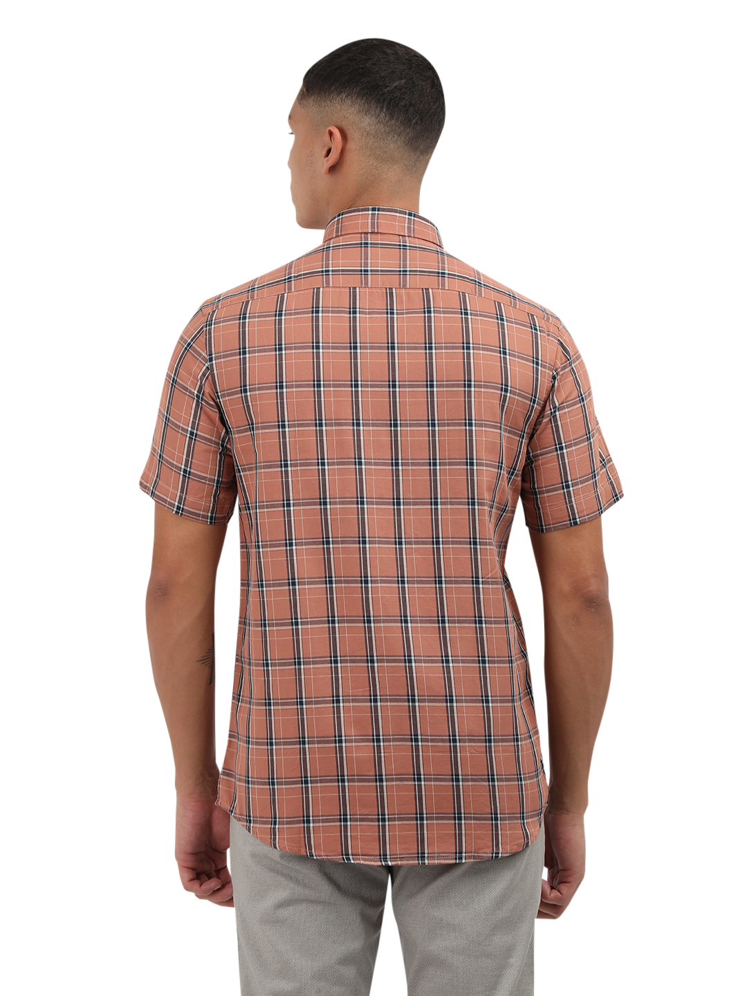 Model wearing Clarke Gable's Orange With Blue Checked Semi Casual Shirt in a casual setting