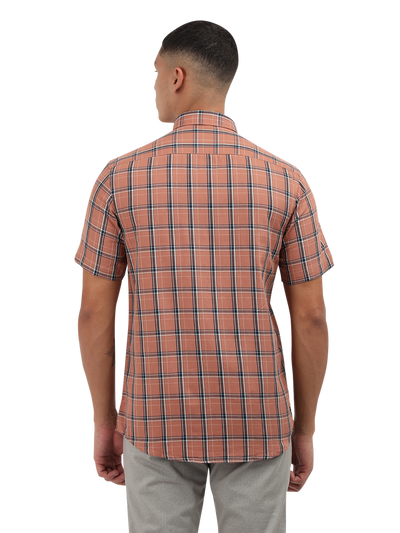Model wearing Clarke Gable's Orange With Blue Checked Semi Casual Shirt in a casual setting