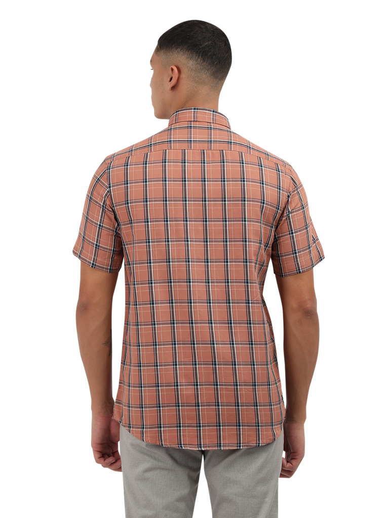 Model wearing Clarke Gable's Orange With Blue Checked Semi Casual Shirt in a casual setting