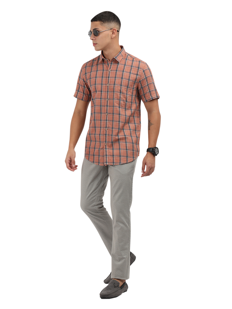 Model wearing Clarke Gable's Orange With Blue Checked Semi Casual Shirt in a casual setting