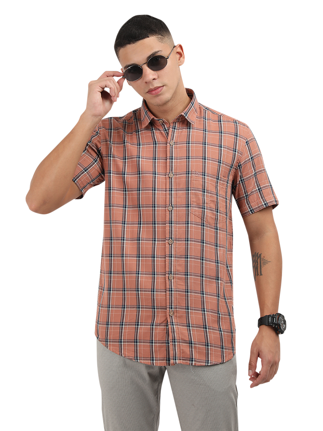 Model wearing Clarke Gable's Orange With Blue Checked Semi Casual Shirt in a casual setting