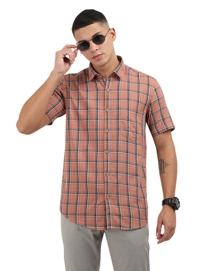 Model wearing Clarke Gable's Orange With Blue Checked Semi Casual Shirt in a casual setting