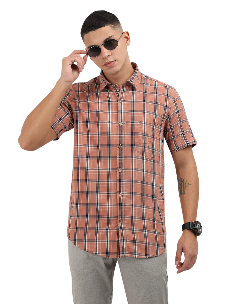 Model wearing Clarke Gable's Orange With Blue Checked Semi Casual Shirt in a casual setting