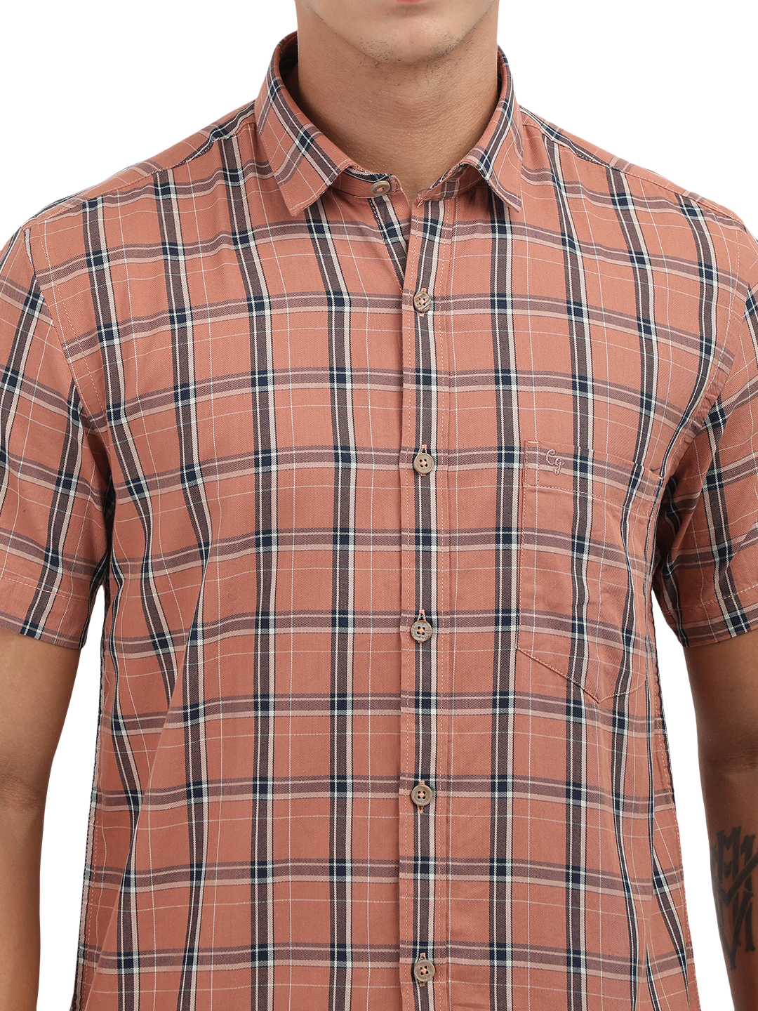 Model wearing Clarke Gable's Orange With Blue Checked Semi Casual Shirt in a casual setting