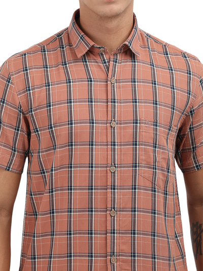 Model wearing Clarke Gable's Orange With Blue Checked Semi Casual Shirt in a casual setting
