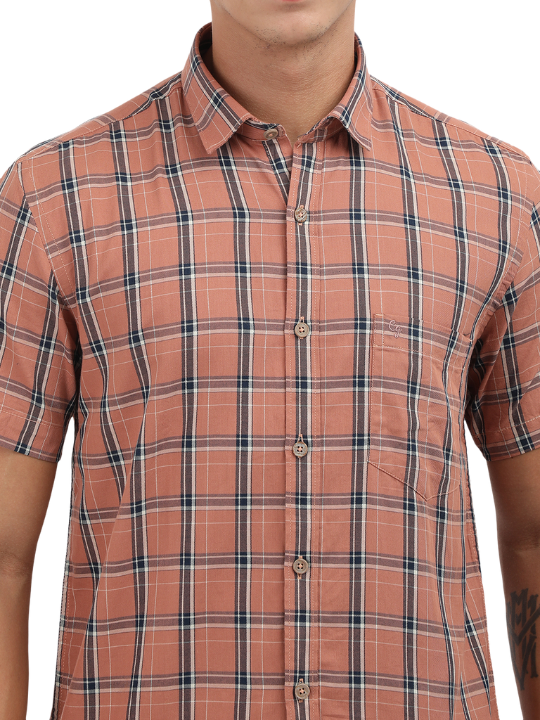 Model wearing Clarke Gable's Orange With Blue Checked Semi Casual Shirt in a casual setting