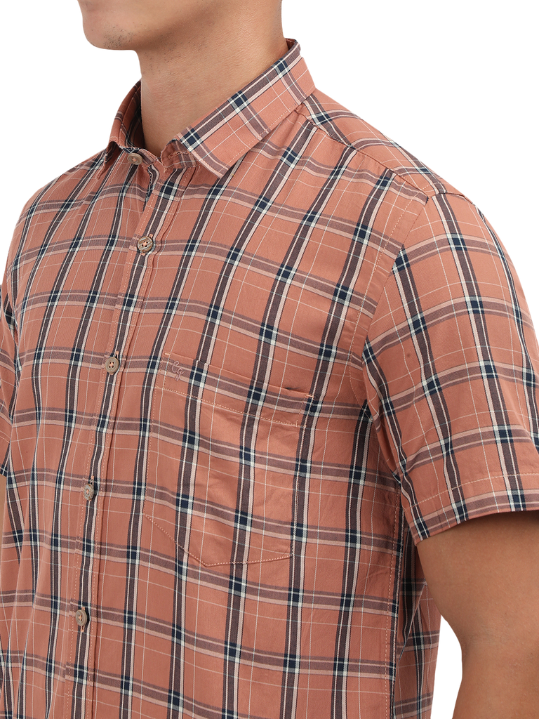 Model wearing Clarke Gable's Orange With Blue Checked Semi Casual Shirt in a casual setting