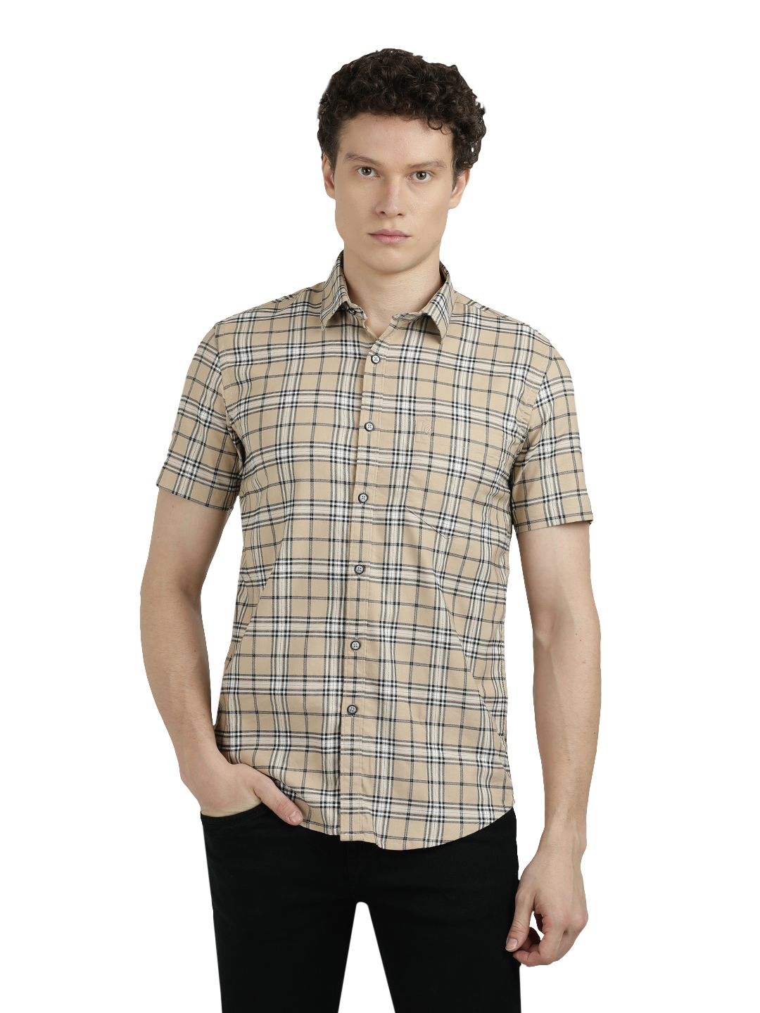 Model wearing Clarke Gable's Orange With White Checked Semi Casual Shirt in a casual setting