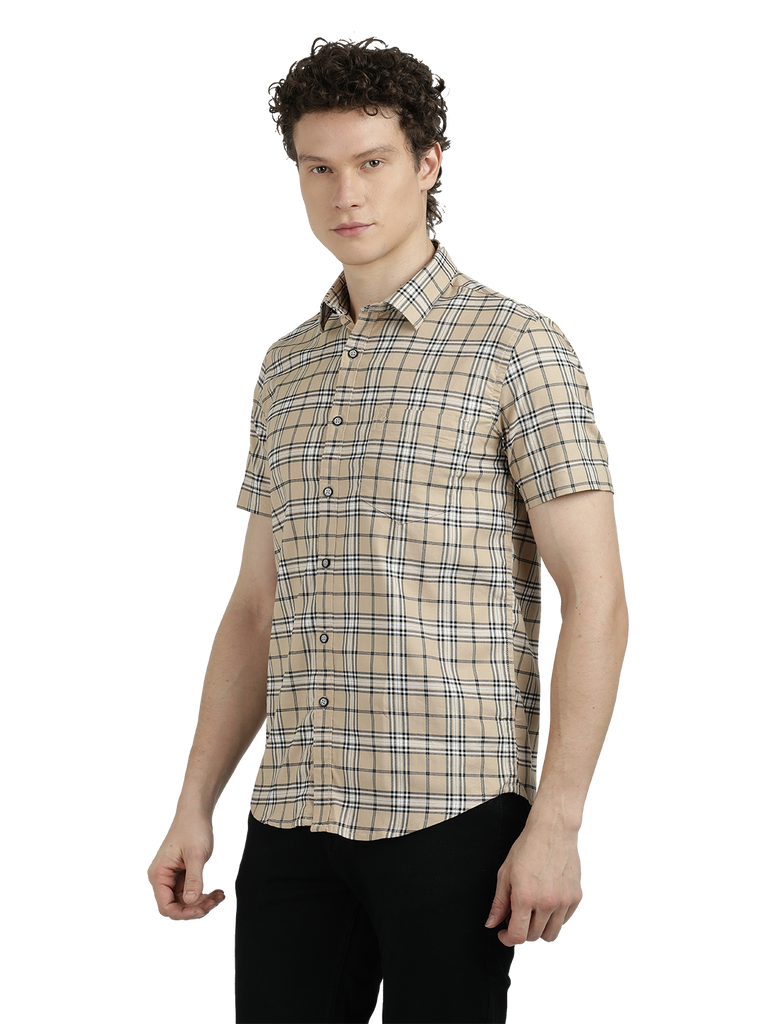 Model wearing Clarke Gable's Orange With White Checked Semi Casual Shirt in a casual setting