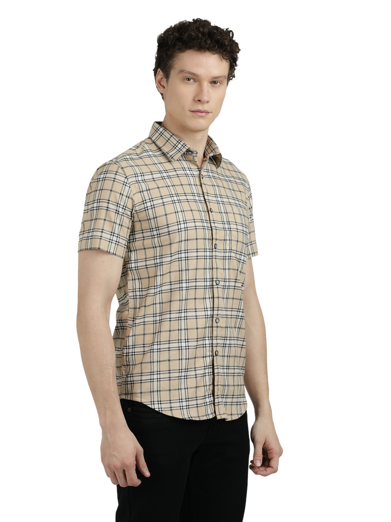 Model wearing Clarke Gable's Orange With White Checked Semi Casual Shirt in a casual setting