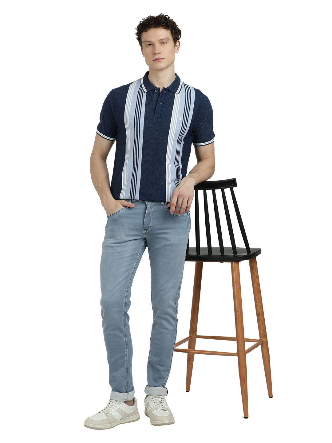 Model wearing Clarke Gable's Pastel Blue Skinny Fit Jeans in a casual setting