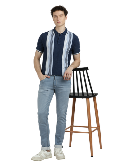 Model wearing Clarke Gable's Pastel Blue Skinny Fit Jeans in a casual setting