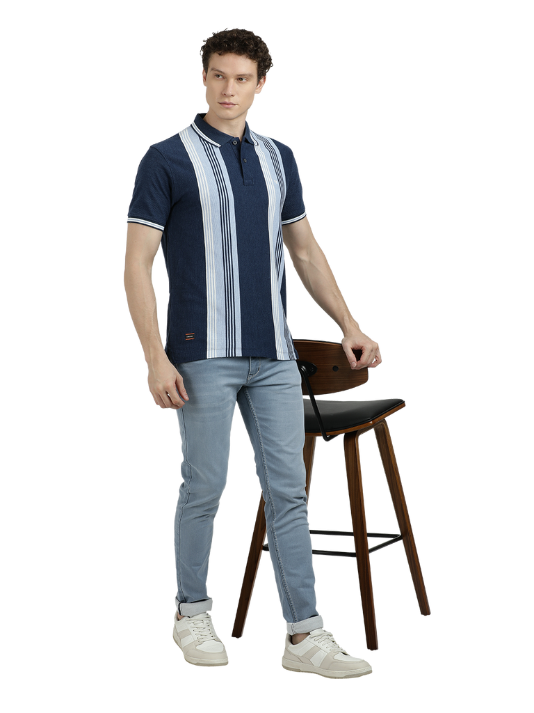 Model wearing Clarke Gable's Pastel Blue Skinny Fit Jeans in a casual setting