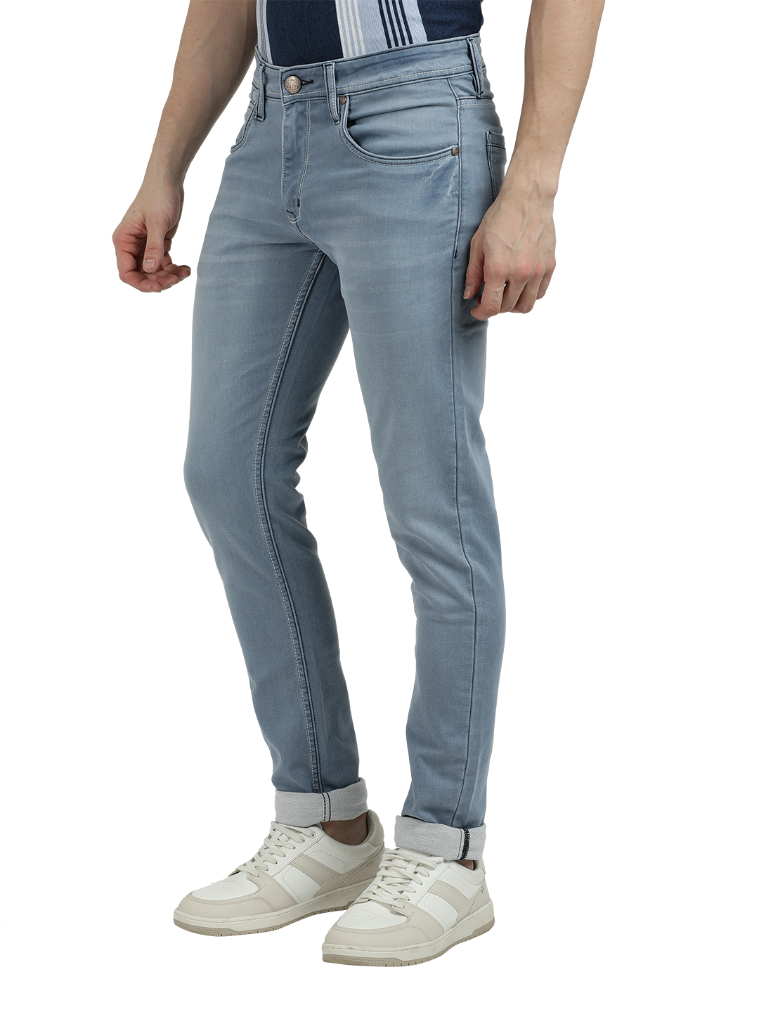 Model wearing Clarke Gable's Pastel Blue Skinny Fit Jeans in a casual setting