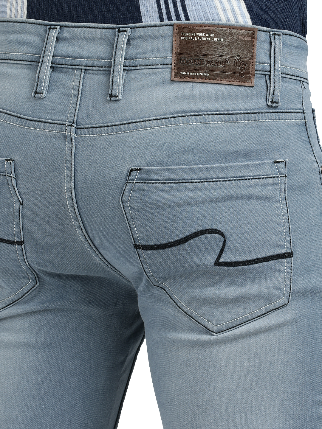 Model wearing Clarke Gable's Pastel Blue Skinny Fit Jeans in a casual setting