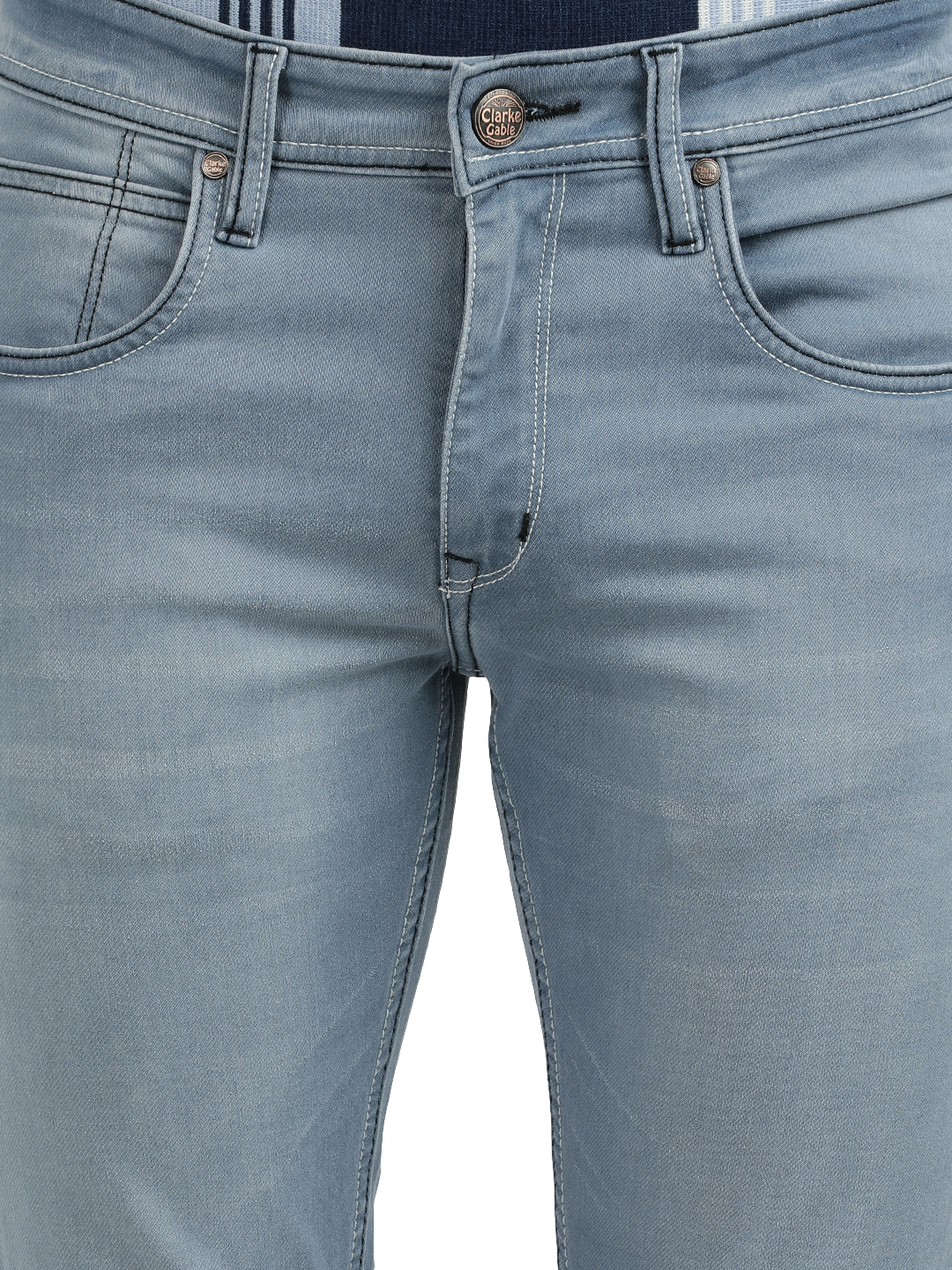 Model wearing Clarke Gable's Pastel Blue Skinny Fit Jeans in a casual setting