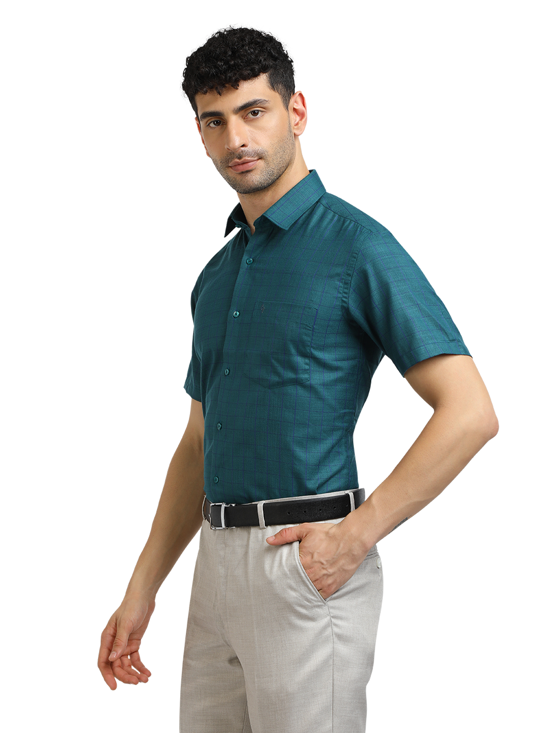 Model wearing Clarke Gable's Peacock Blue Checked Formal Shirt in a casual setting