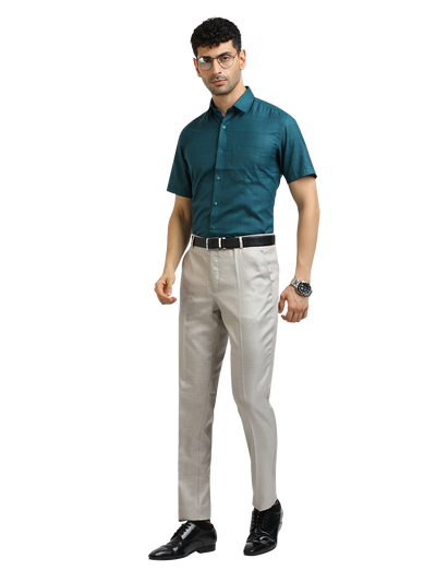 Model wearing Clarke Gable's Peacock Blue Checked Formal Shirt in a casual setting