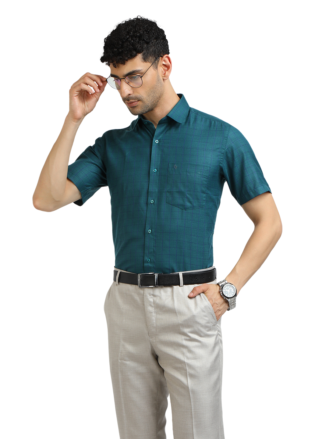 Model wearing Clarke Gable's Peacock Blue Checked Formal Shirt in a casual setting