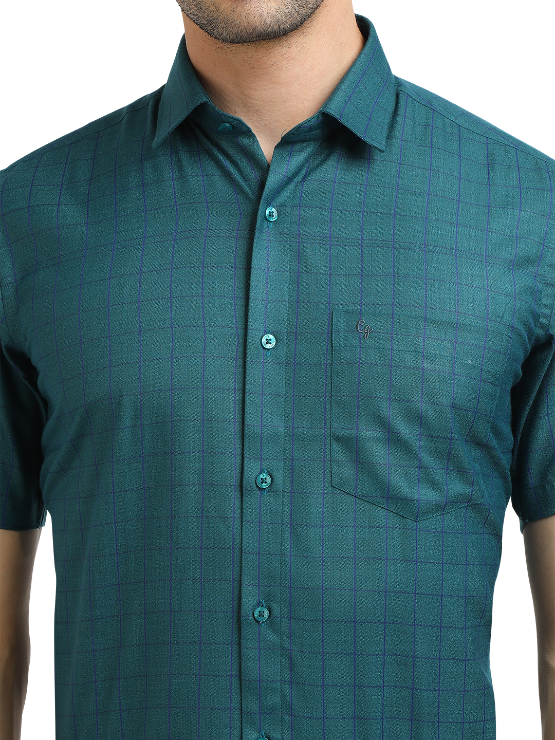 Model wearing Clarke Gable's Peacock Blue Checked Formal Shirt in a casual setting