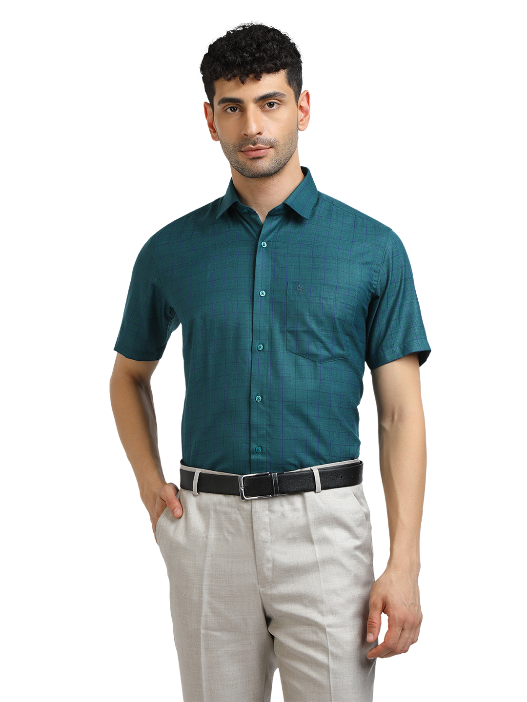 Model wearing Clarke Gable's Peacock Blue Checked Formal Shirt in a casual setting