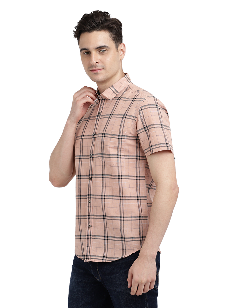 Model wearing Clarke Gable's Pink Checked Casual Shirt in a casual setting