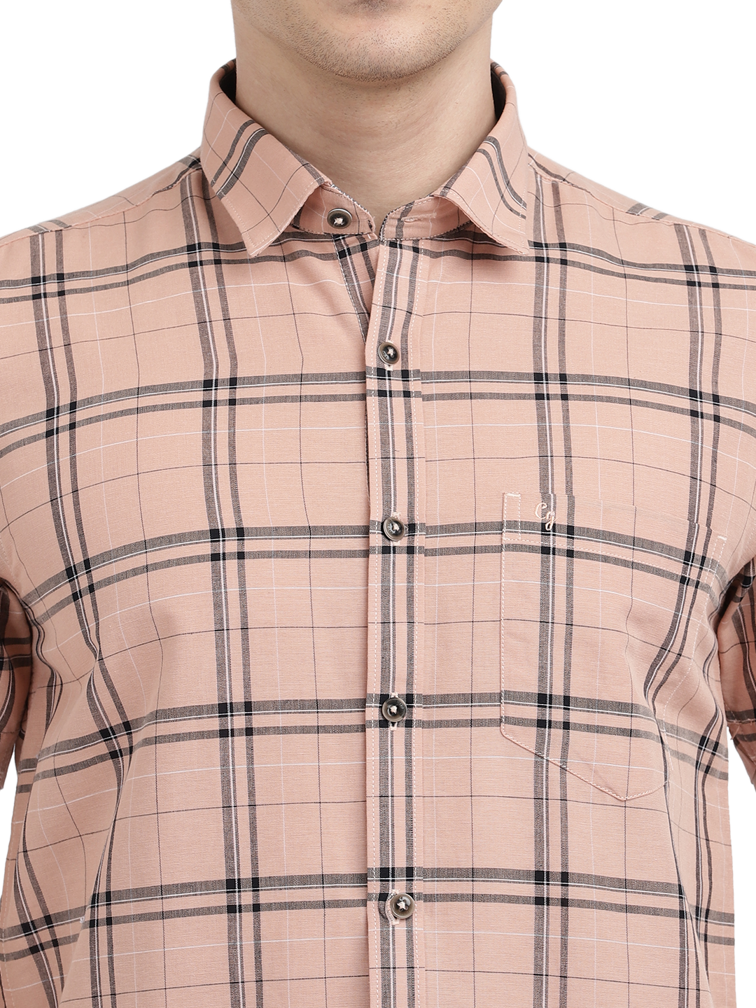 Model wearing Clarke Gable's Pink Checked Casual Shirt in a casual setting