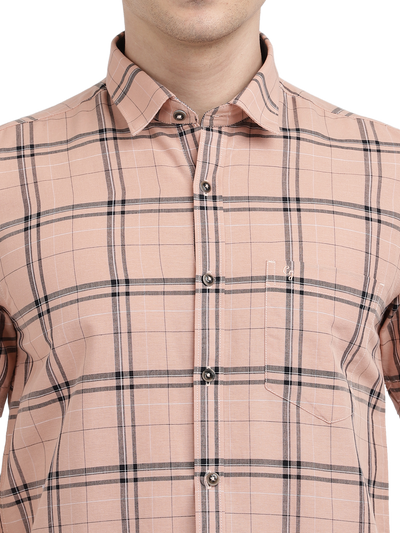 Model wearing Clarke Gable's Pink Checked Casual Shirt in a casual setting