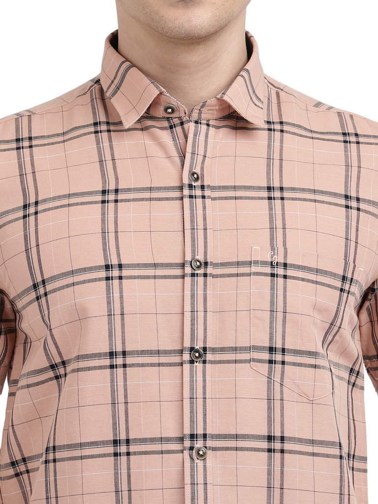 Model wearing Clarke Gable's Pink Checked Casual Shirt in a casual setting