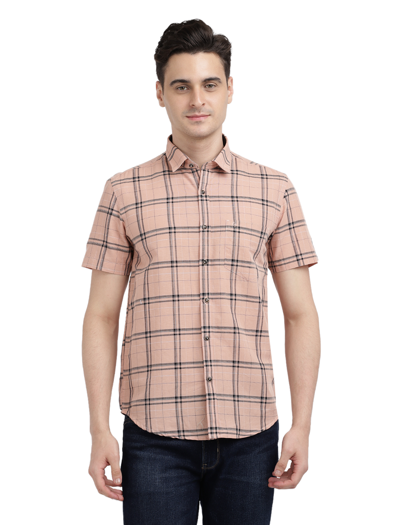 Model wearing Clarke Gable's Pink Checked Casual Shirt in a casual setting