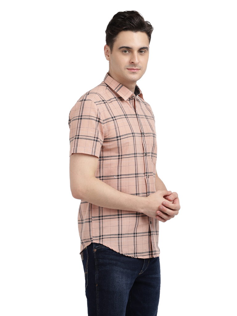 Model wearing Clarke Gable's Pink Checked Casual Shirt in a casual setting