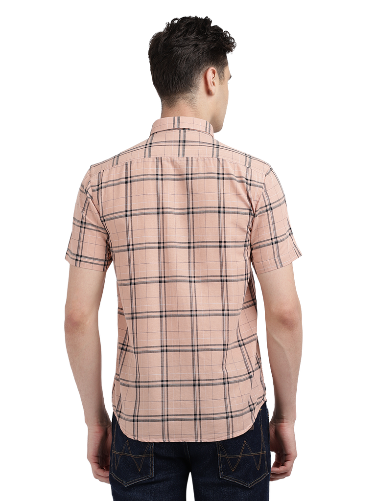 Model wearing Clarke Gable's Pink Checked Casual Shirt in a casual setting