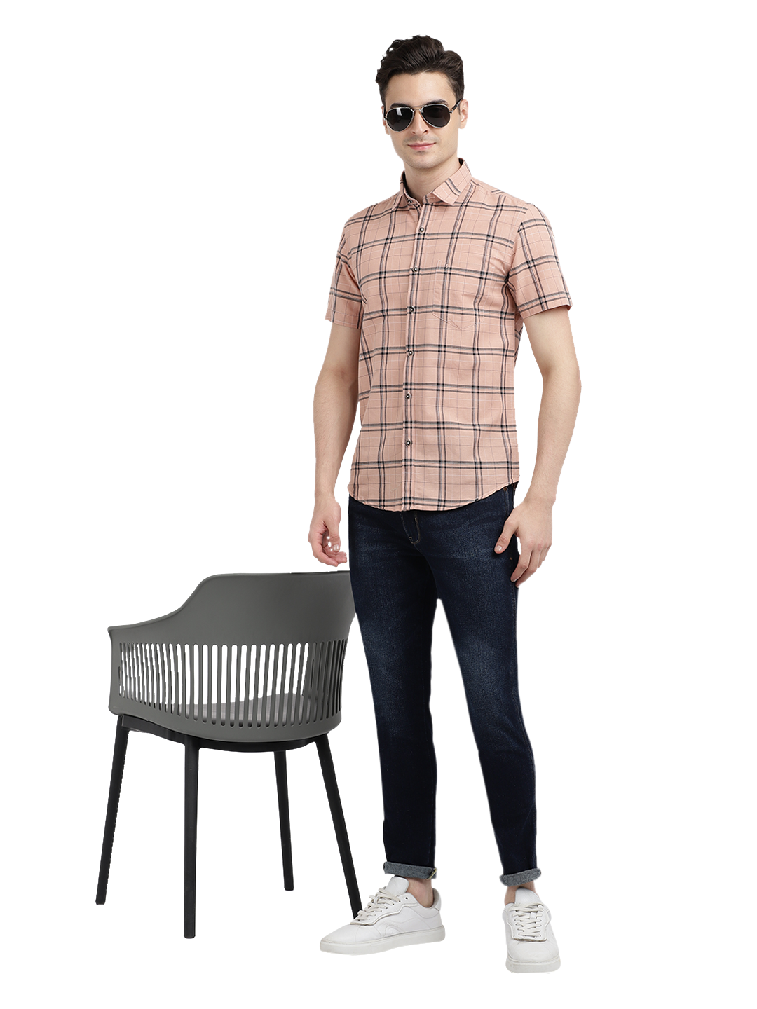 Model wearing Clarke Gable's Pink Checked Casual Shirt in a casual setting