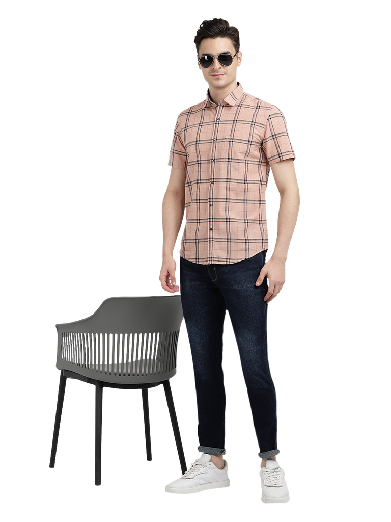 Model wearing Clarke Gable's Pink Checked Casual Shirt in a casual setting