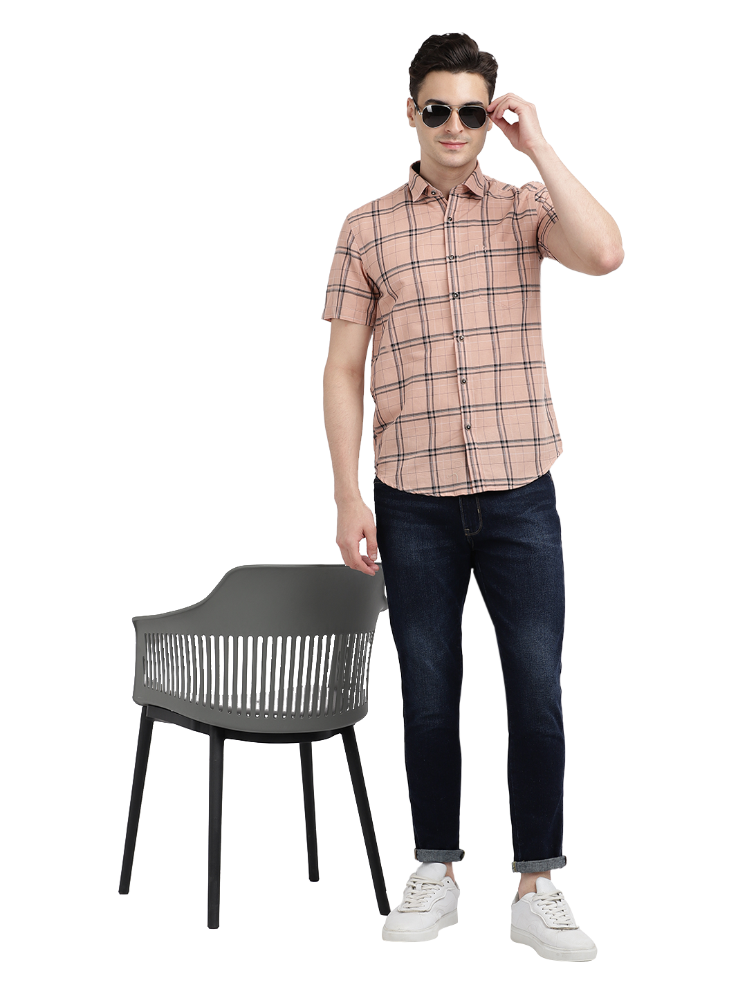 Model wearing Clarke Gable's Pink Checked Casual Shirt in a casual setting